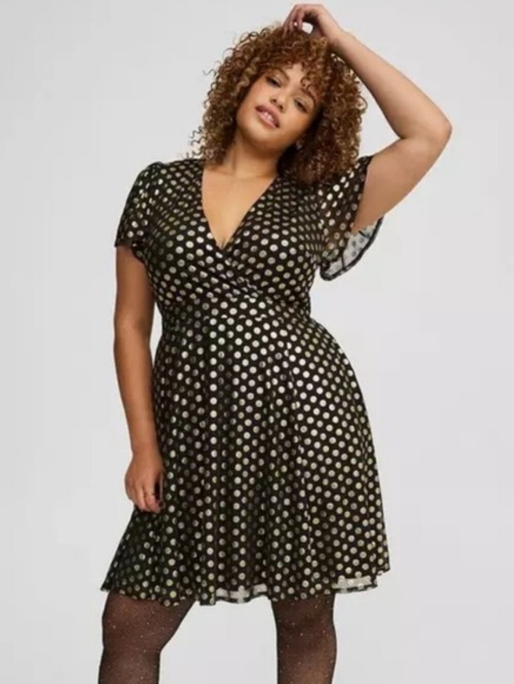 Torrid Surplice Mini Dress Black with Silver Polka Dots Sz 3 3x Flutter Sleeve